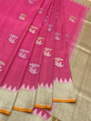 Rose Pink Tussore Georgette Saree with Floral Bootis, Muted Gold Tissue Pallu & Contrast Mustard Blouse
