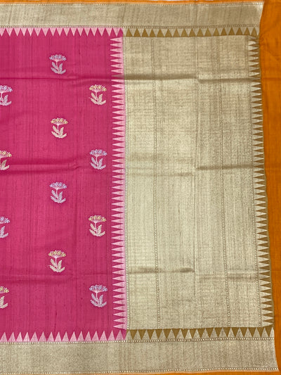 Rose Pink Tussore Georgette Saree with Floral Bootis, Muted Gold Tissue Pallu & Contrast Mustard Blouse