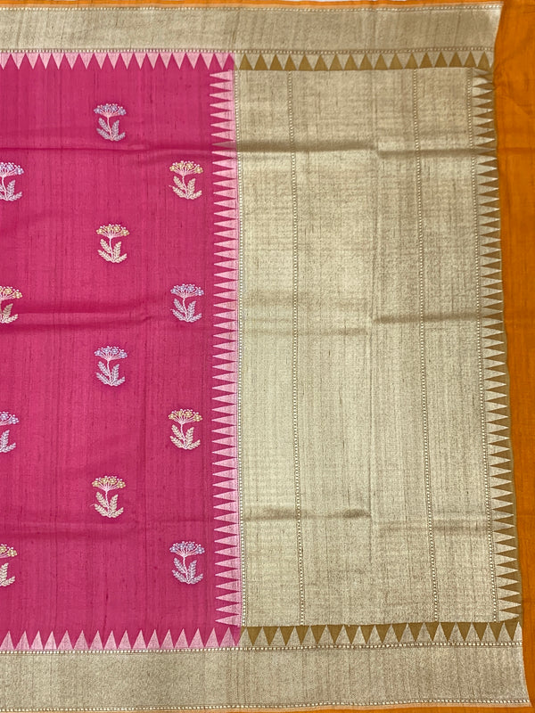 Rose Pink Tussore Georgette Saree with Floral Bootis, Muted Gold Tissue Pallu & Contrast Mustard Blouse