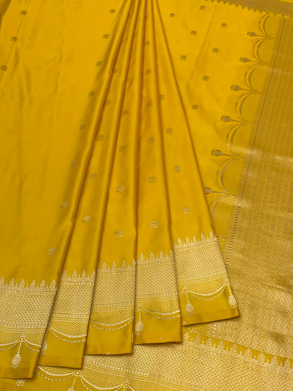 Sunflower Yellow Mashru Silk Saree with Scalloped Tassel Border