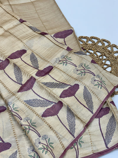 Tussore Printed Saree Golden-Cream In Colour