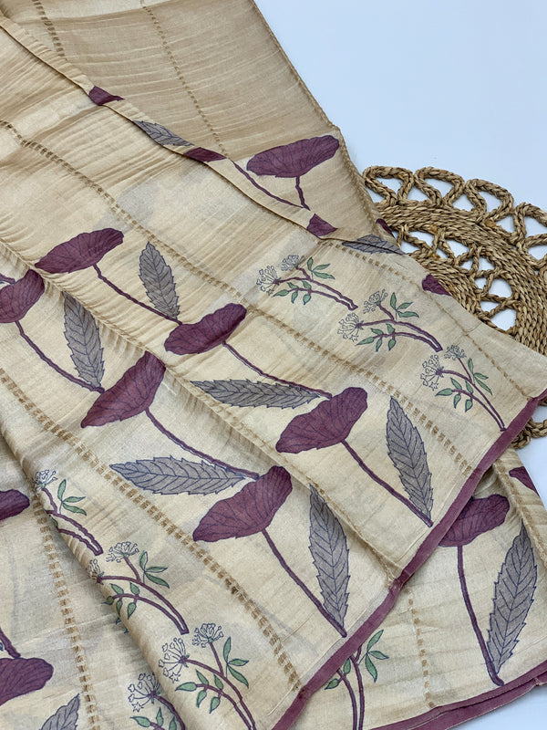 Tussore Printed Saree Golden-Cream In Colour