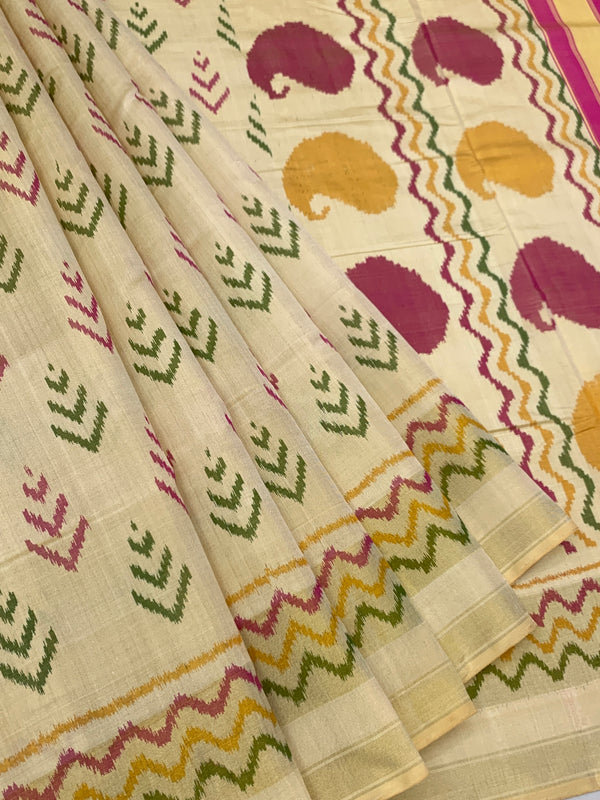 Contemporary Cream & Magenta Rajkot Patola Silk Saree