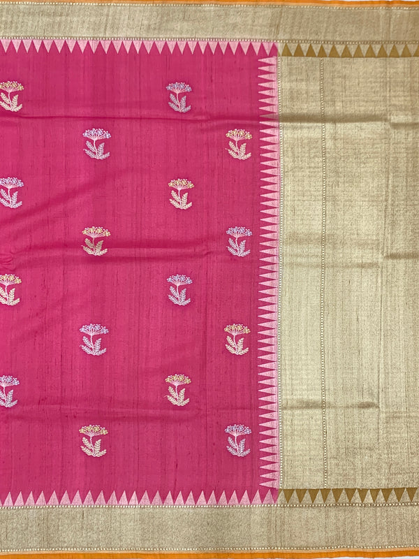 Rose Pink Tussore Georgette Saree with Floral Bootis, Muted Gold Tissue Pallu & Contrast Mustard Blouse