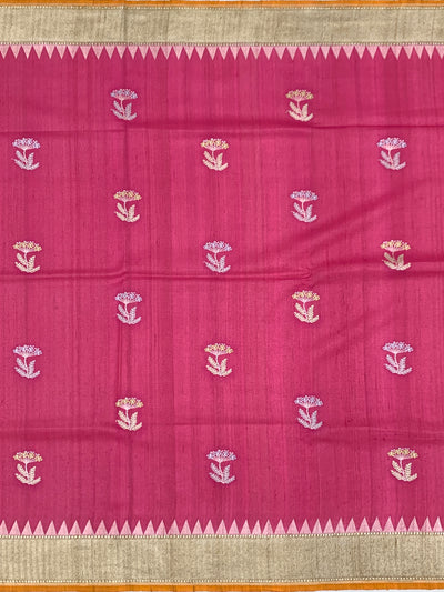Rose Pink Tussore Georgette Saree with Floral Bootis, Muted Gold Tissue Pallu & Contrast Mustard Blouse