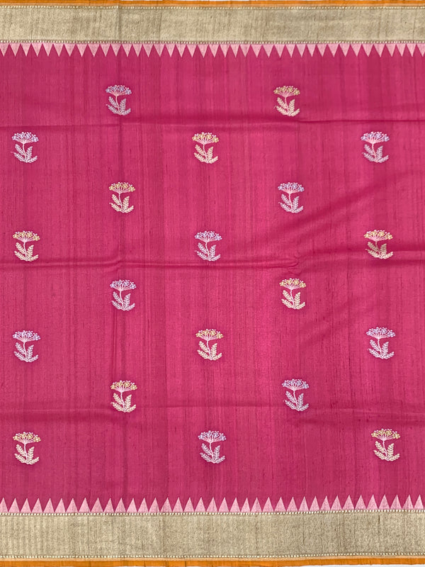Rose Pink Tussore Georgette Saree with Floral Bootis, Muted Gold Tissue Pallu & Contrast Mustard Blouse