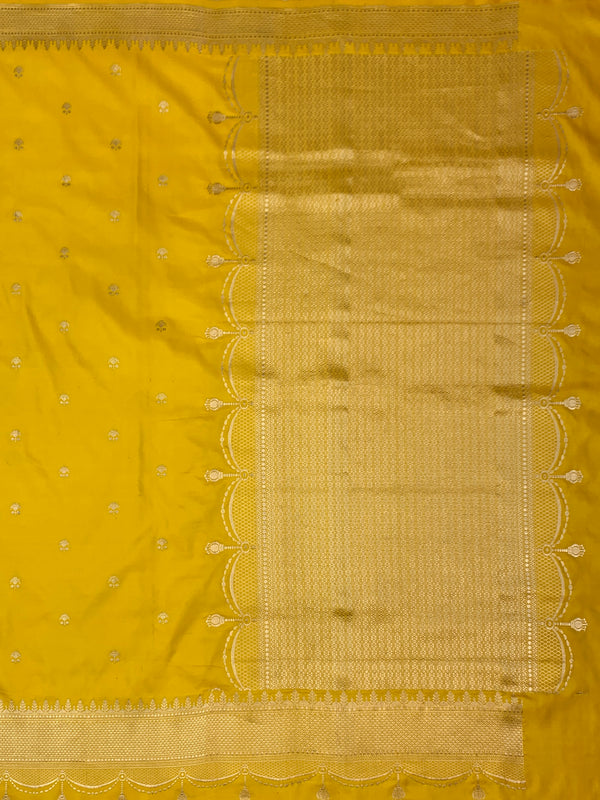 Sunflower Yellow Mashru Silk Saree with Scalloped Tassel Border
