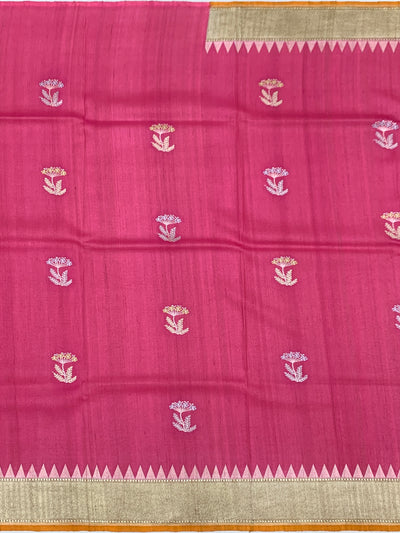 Rose Pink Tussore Georgette Saree with Floral Bootis, Muted Gold Tissue Pallu & Contrast Mustard Blouse