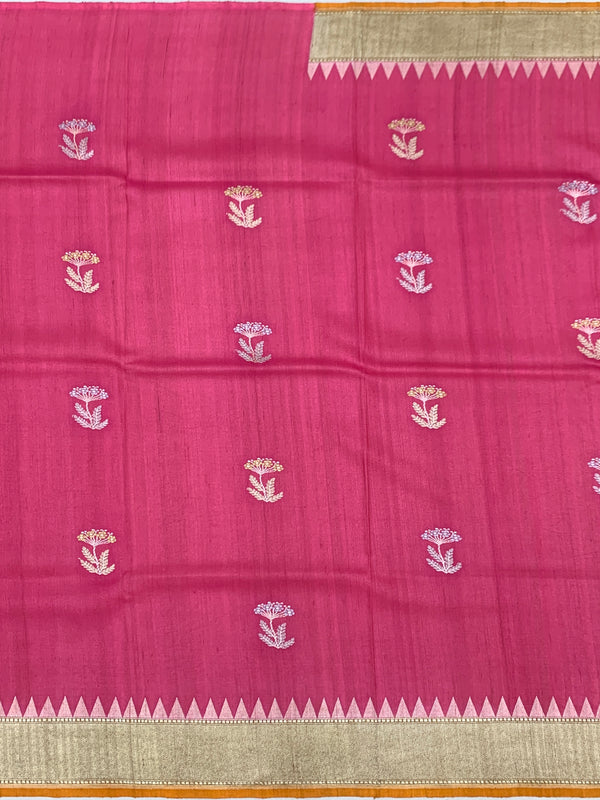 Rose Pink Tussore Georgette Saree with Floral Bootis, Muted Gold Tissue Pallu & Contrast Mustard Blouse