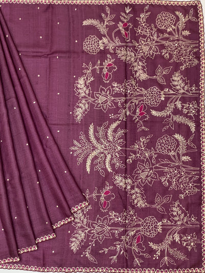 Deep Plum Tussore Silk Saree with Botanical Floral Embroidery