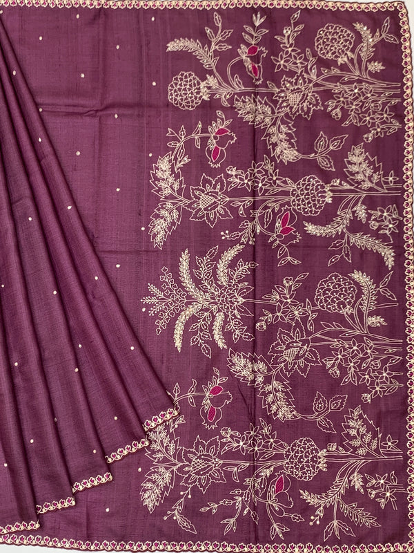 Deep Plum Tussore Silk Saree with Botanical Floral Embroidery & Contrast Rani Pink Blouse
