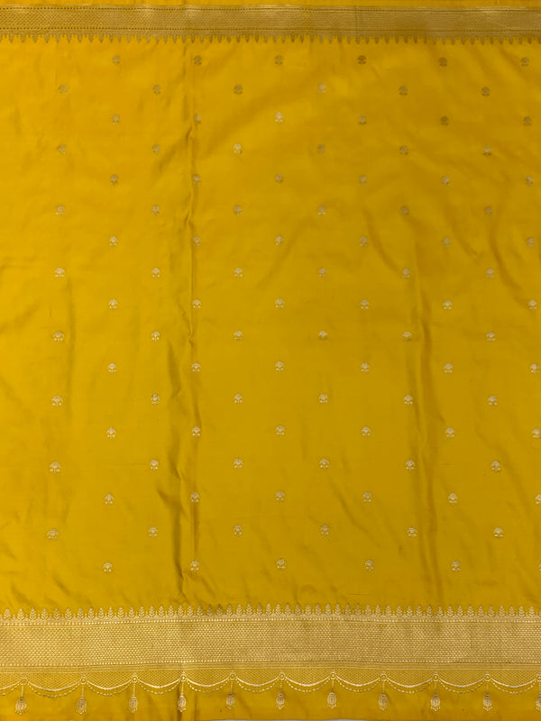 Sunflower Yellow Mashru Silk Saree with Scalloped Tassel Border
