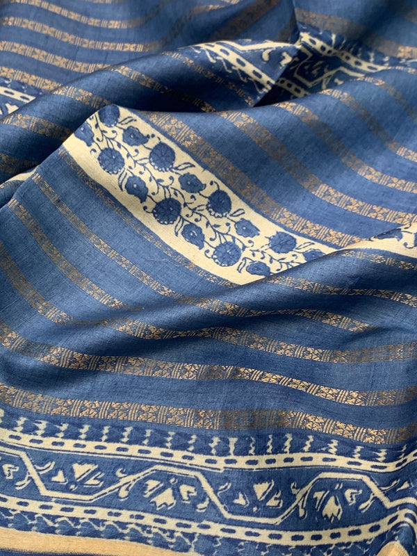 Tussore Printed Saree Blue In Colour