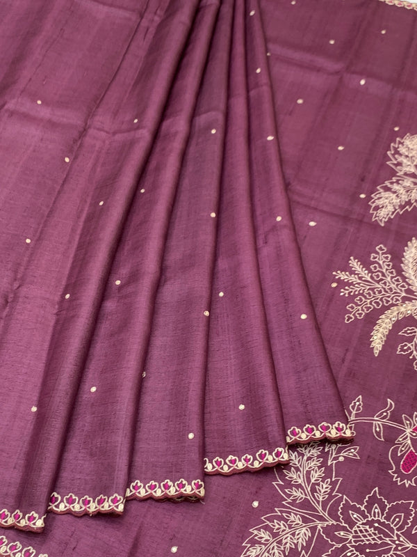 Deep Plum Tussore Silk Saree with Botanical Floral Embroidery & Contrast Rani Pink Blouse