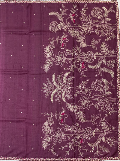 Deep Plum Tussore Silk Saree with Botanical Floral Embroidery