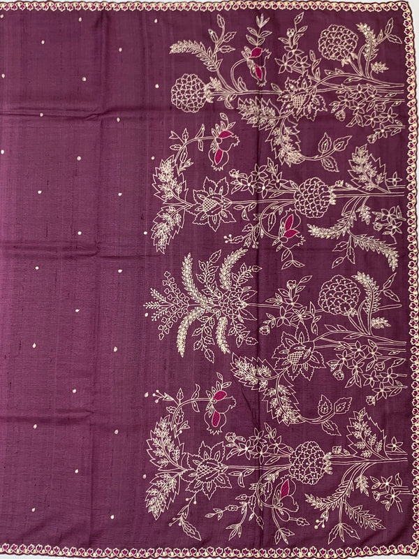Deep Plum Tussore Silk Saree with Botanical Floral Embroidery & Contrast Rani Pink Blouse
