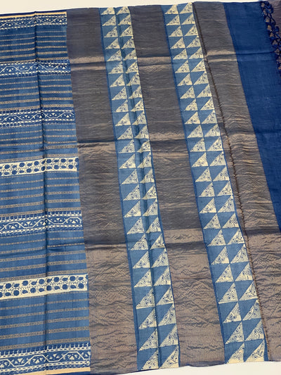 Tussore Printed Saree Blue In Colour