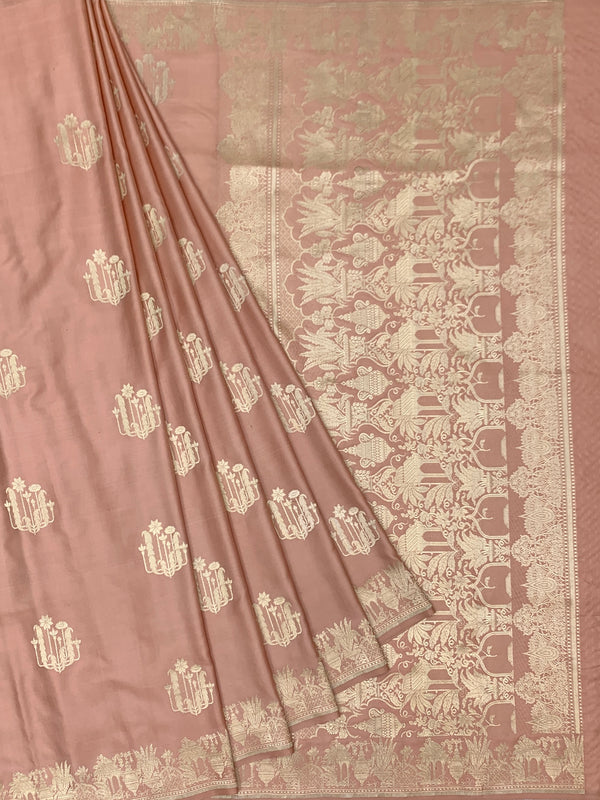 Dusty Rose Mashru Silk Saree with Mughal Arch Motifs & Zari Pallu