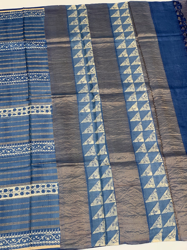 Tussore Printed Saree Blue In Colour