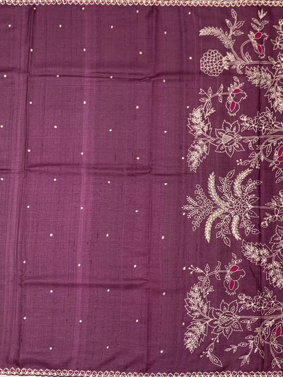 Deep Plum Tussore Silk Saree with Botanical Floral Embroidery