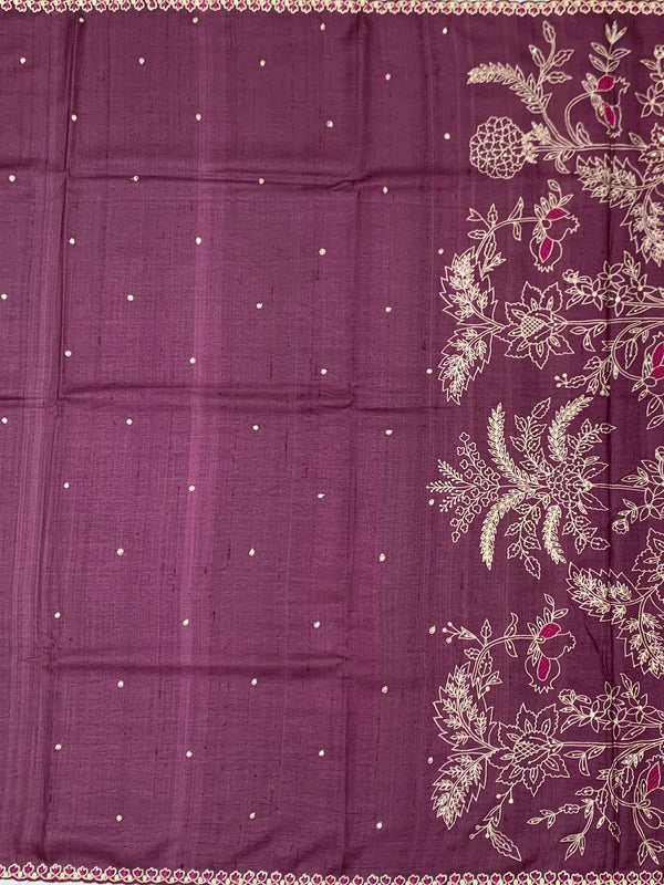 Deep Plum Tussore Silk Saree with Botanical Floral Embroidery & Contrast Rani Pink Blouse