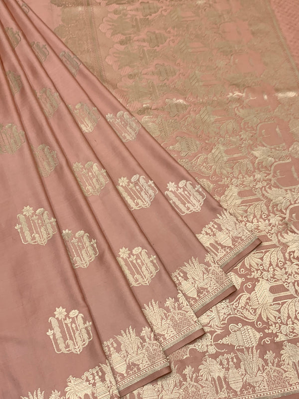 Dusty Rose Mashru Silk Saree with Mughal Arch Motifs & Zari Pallu