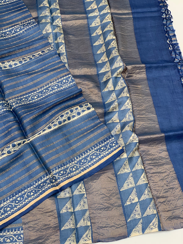 Tussore Printed Saree Blue In Colour