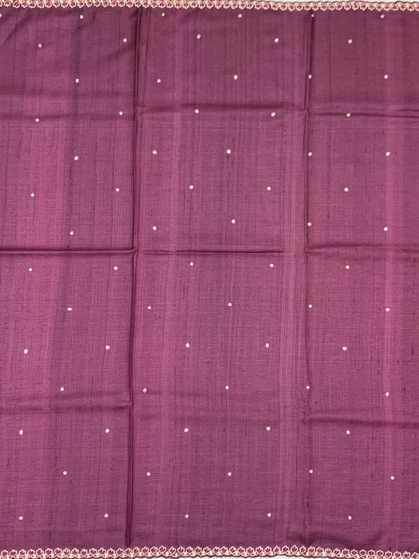 Deep Plum Tussore Silk Saree with Botanical Floral Embroidery & Contrast Rani Pink Blouse