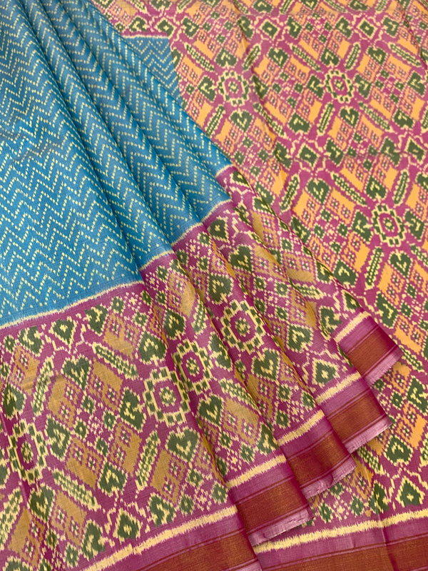 Striking Cerulean Blue & Magenta Rajkot Patola Silk Saree