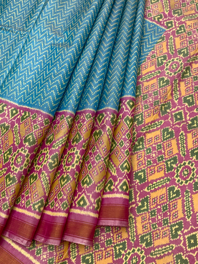 Striking Cerulean Blue & Magenta Rajkot Patola Silk Saree