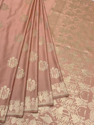 Dusty Rose Mashru Silk Saree with Mughal Arch Motifs & Zari Pallu