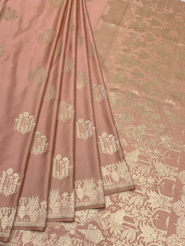 Dusty Rose Mashru Silk Saree with Mughal Arch Motifs & Zari Pallu