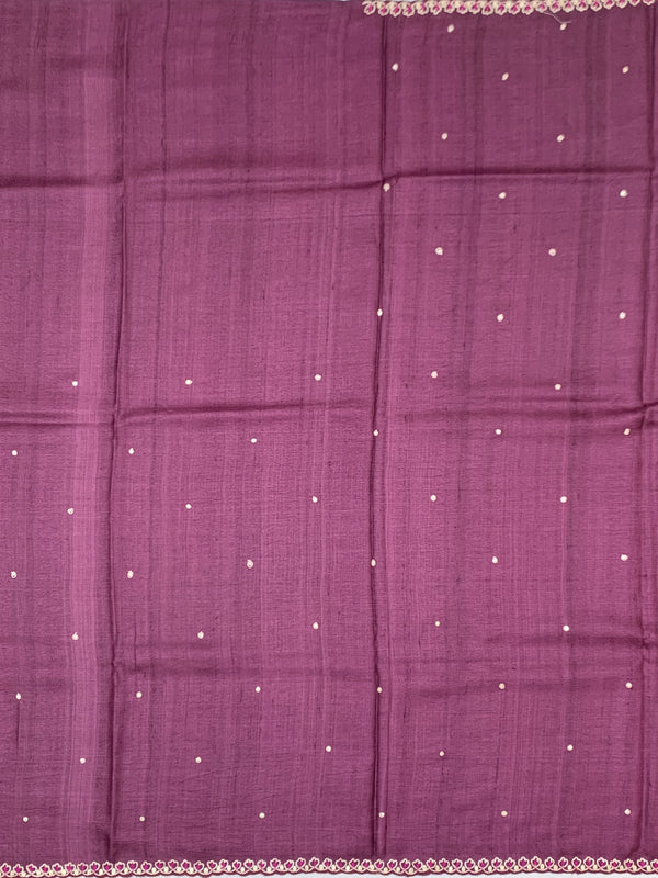Deep Plum Tussore Silk Saree with Botanical Floral Embroidery & Contrast Rani Pink Blouse