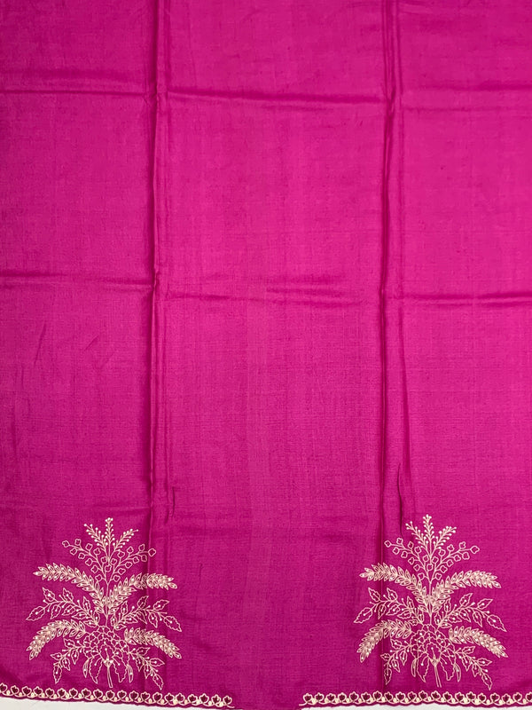 Deep Plum Tussore Silk Saree with Botanical Floral Embroidery & Contrast Rani Pink Blouse