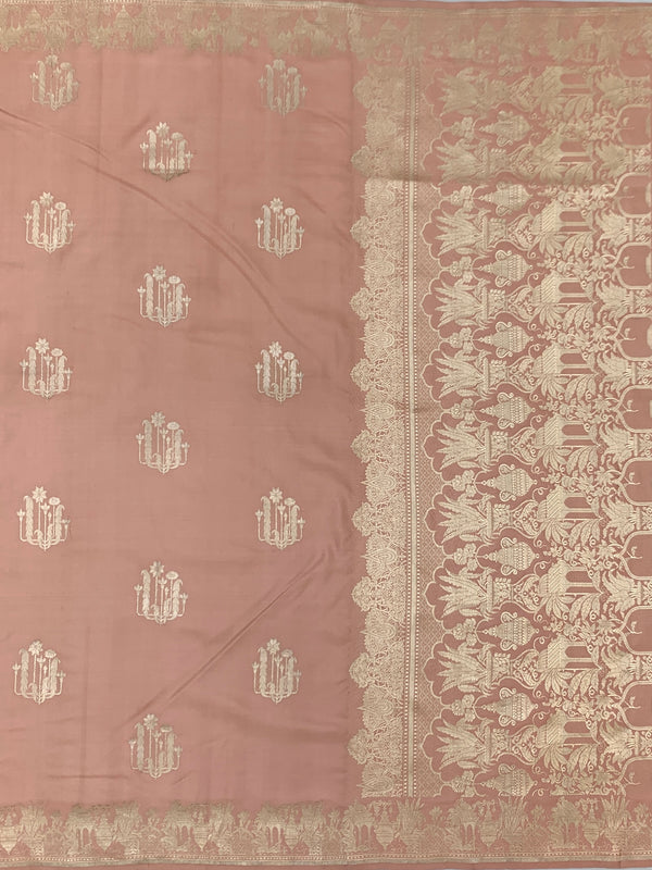 Dusty Rose Mashru Silk Saree with Mughal Arch Motifs & Zari Pallu
