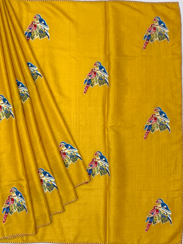Mustard Yellow Tussore Silk Saree with Embroidered Parrot Bootis & Linear Stitched Blouse