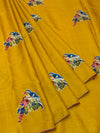 Mustard Yellow Tussore Silk Saree with Embroidered Parrot Bootis & Linear Stitched Blouse