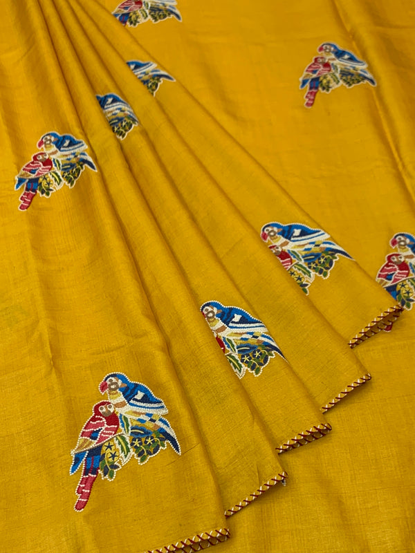 Mustard Yellow Tussore Silk Saree with Embroidered Parrot Bootis & Linear Stitched Blouse