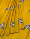 Mustard Yellow Tussore Silk Saree with Embroidered Parrot Bootis & Linear Stitched Blouse