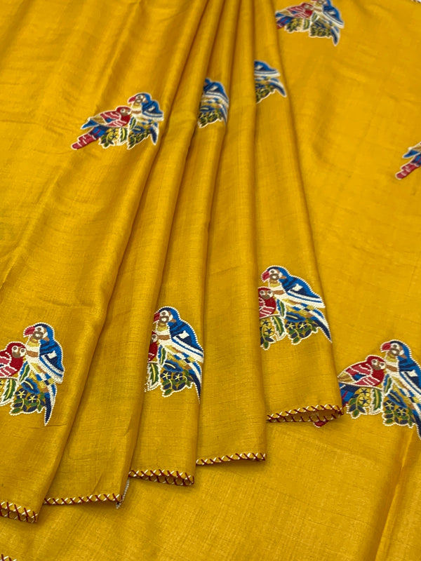 Mustard Yellow Tussore Silk Saree with Embroidered Parrot Bootis & Linear Stitched Blouse