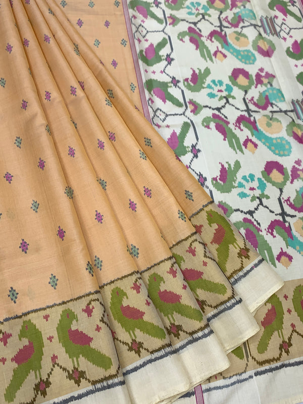 Pastel Peach & Off-White Rajkot Patola Silk Saree with Traditional Motifs