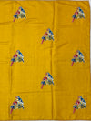 Mustard Yellow Tussore Silk Saree with Embroidered Parrot Bootis & Linear Stitched Blouse