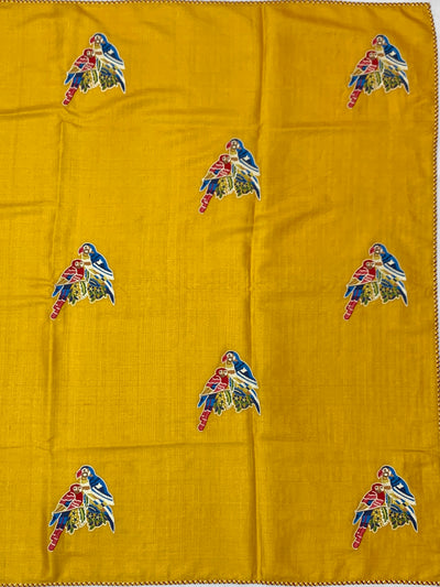 Mustard Yellow Tussore Silk Saree with Embroidered Parrot Bootis & Linear Stitched Blouse