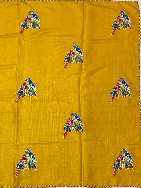 Mustard Yellow Tussore Silk Saree with Embroidered Parrot Bootis & Linear Stitched Blouse