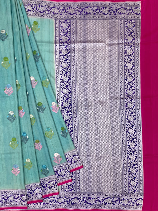 Exquisite Aqua Blue Tussore Georgette Saree