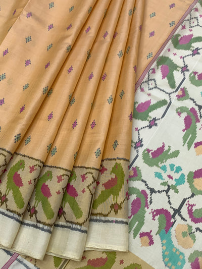 Pastel Peach & Off-White Rajkot Patola Silk Saree with Traditional Motifs
