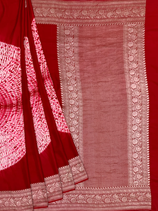Radiant Crimson Red Mashru Silk Saree with Shibori Work & Bandhani Blouse