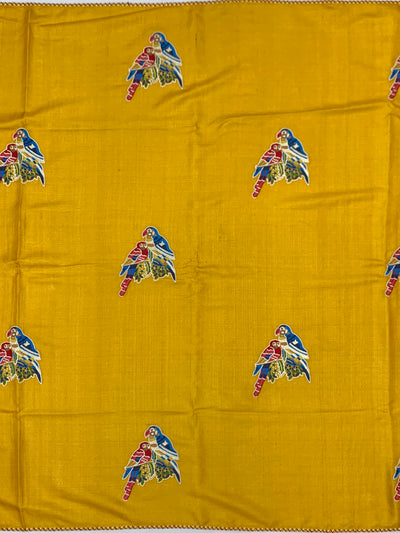 Mustard Yellow Tussore Silk Saree with Embroidered Parrot Bootis & Linear Stitched Blouse