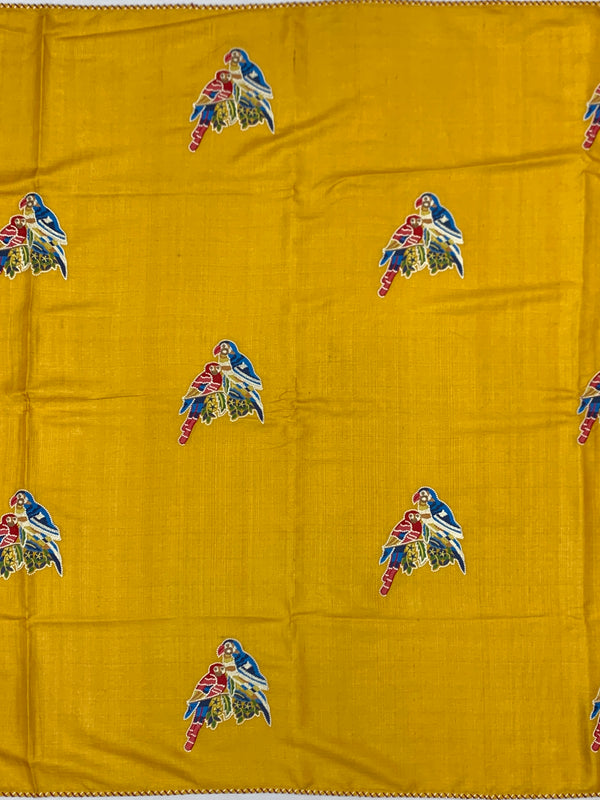Mustard Yellow Tussore Silk Saree with Embroidered Parrot Bootis & Linear Stitched Blouse