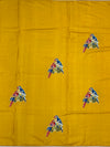 Mustard Yellow Tussore Silk Saree with Embroidered Parrot Bootis & Linear Stitched Blouse